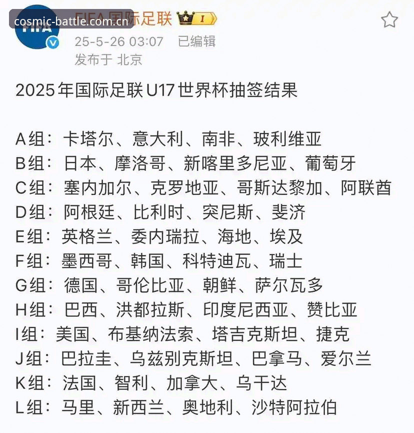 U17世界杯分组揭晓，星空体育平台观赛全攻略